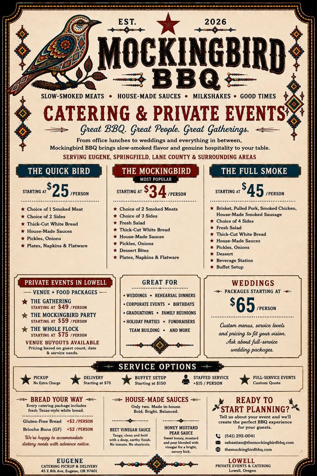 Mockingbird BBQ catering menu
